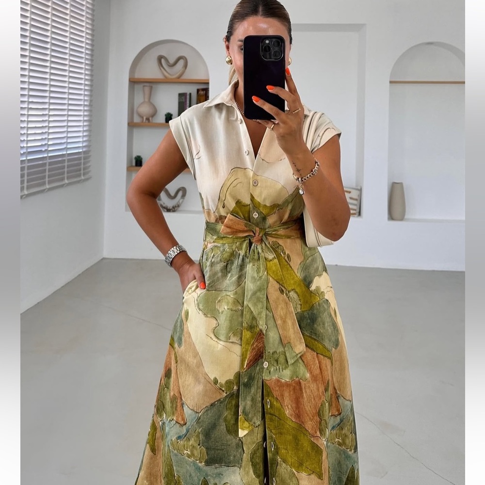ZARA ZW COLLECTION PRINT SHIRT DRESS XS MIDI COLLAR SS24 l NWOT - Picture 4 of 8